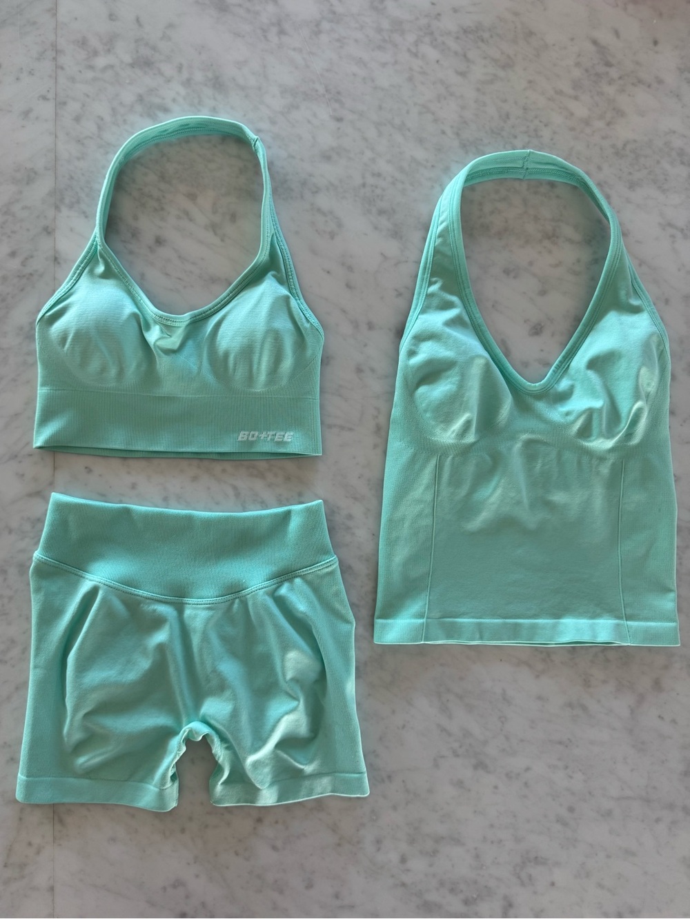 SET - bo & tee halter top, sports bra, & biker shorts